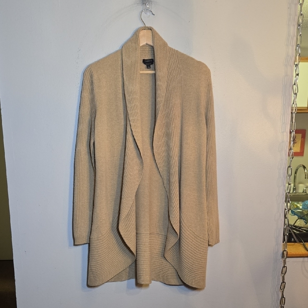 Talbots Cashmere Cozy Tan Open Front Long Knit Cardigan Sweater NWOT